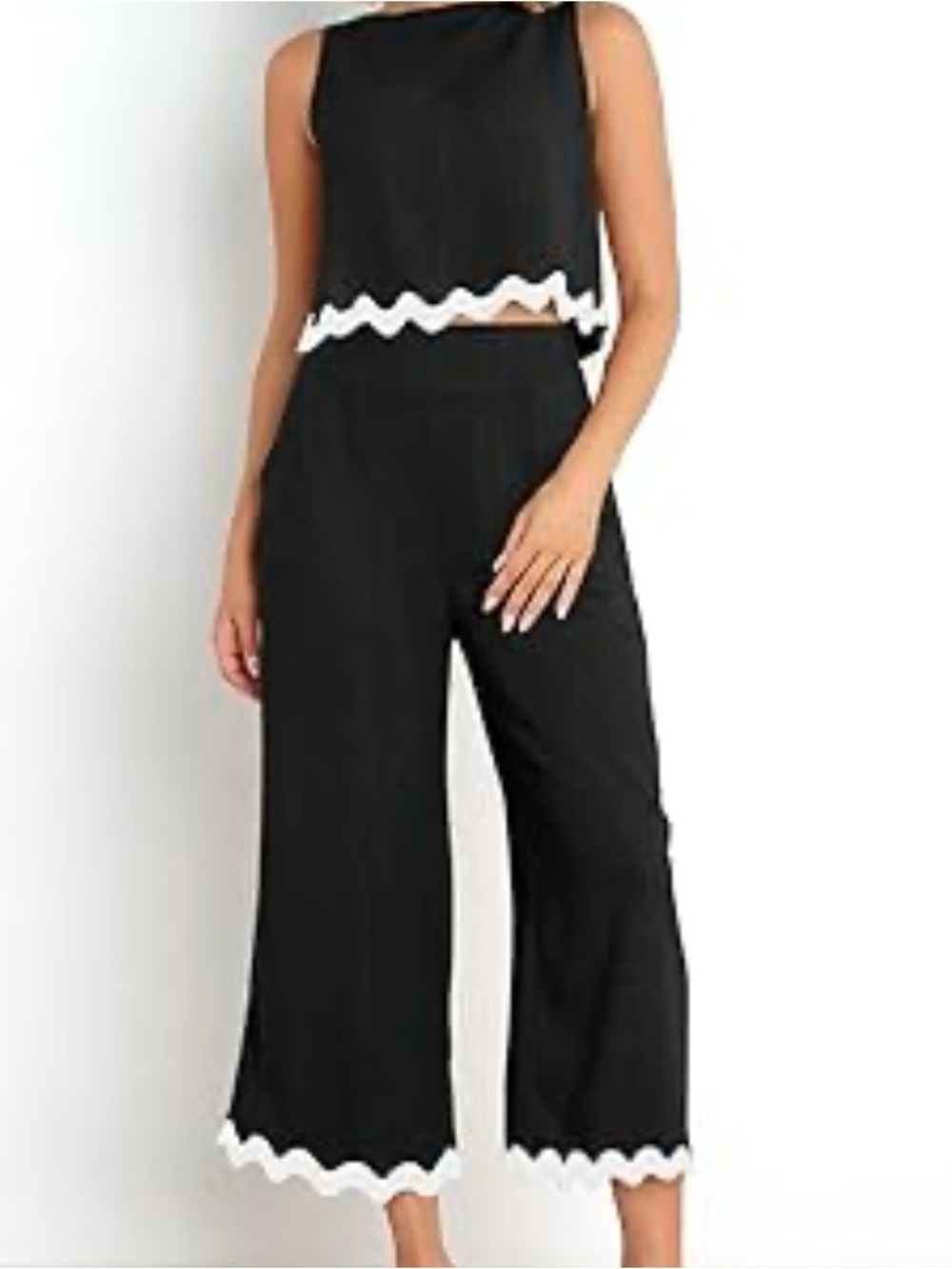 Black Crop Wide-Leg Pants with White Scallop Trim